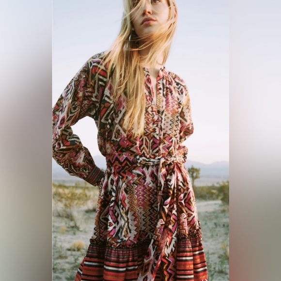 ZARA TRIBAL PRINT SLEEVED MINI DRESS SIZE SMALL - Picture 2 of 16